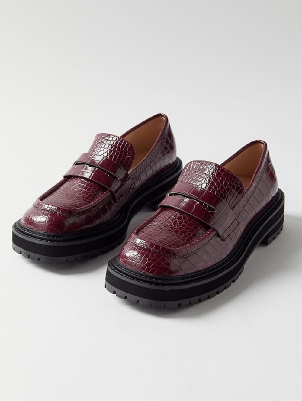 UO Chunky Platform Penny Loafers in Wine Croc